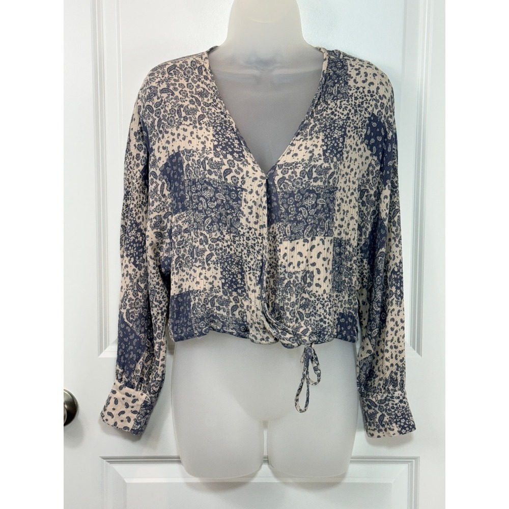 Dress Forum Los Angeles Blue White Floral Patchwork Print Kimono Blouse‎ Top S
